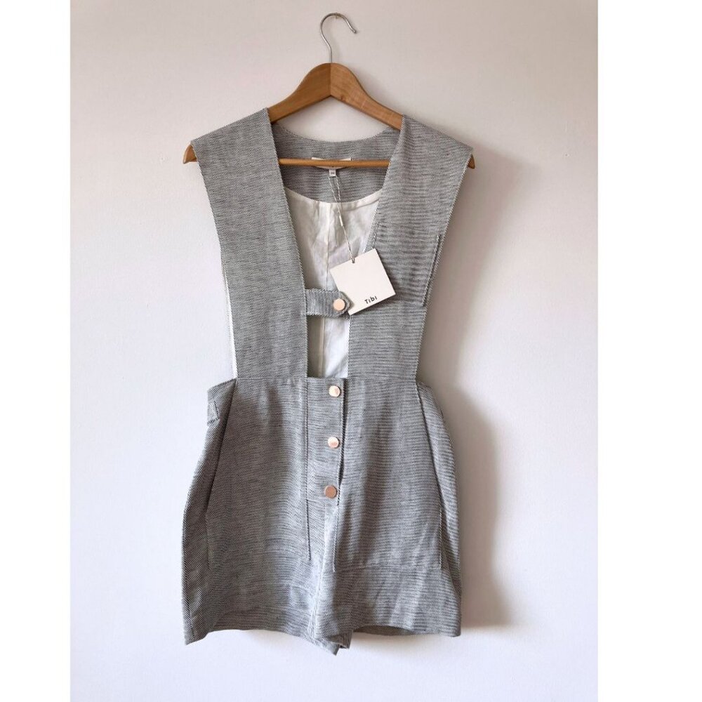 Tibi Suiting Open Front Linen Short Jumpsuit Herringbone Size 00